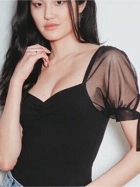 Lulus Black Mesh Puff Sleeve Bodysuit